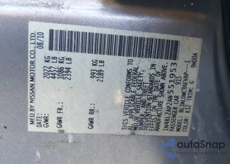 2010 Nissan Altima 3.5 Sr из США, поврежденный, VIN 1N4BL2AP2AN551953